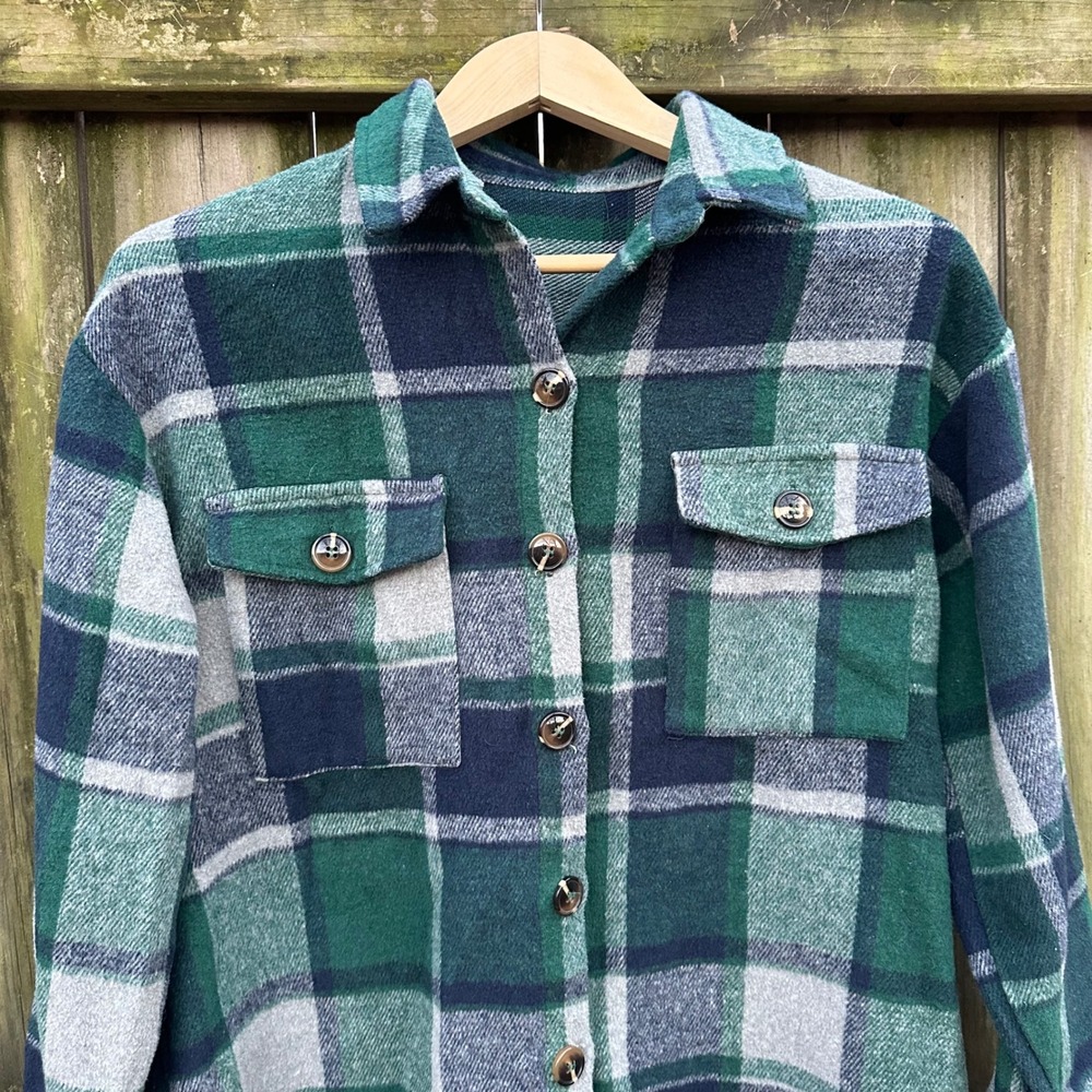 SHEIN Plaid Longline Shacket Shirt Jacket Y2K Grunge Green Navy Gray Size Small - Picture 3 of 10